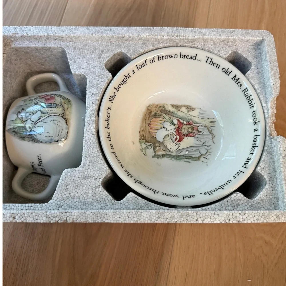 Wedgwood Peter Rabbit 2 Piece vintage Set White China Mug and Oatmeal Bowl Boxed